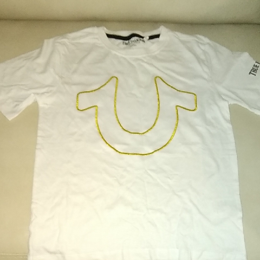 True Religion White Tee with Yellow Stitching